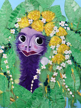 Load image into Gallery viewer, A quirky colourful painting of an emu with flowers in her hair and a dress of leaves.
