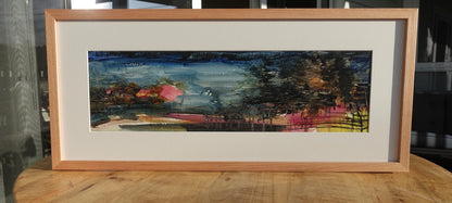 Kiama pine trees and a view to the ocean painted in an abstract style. Framed view.