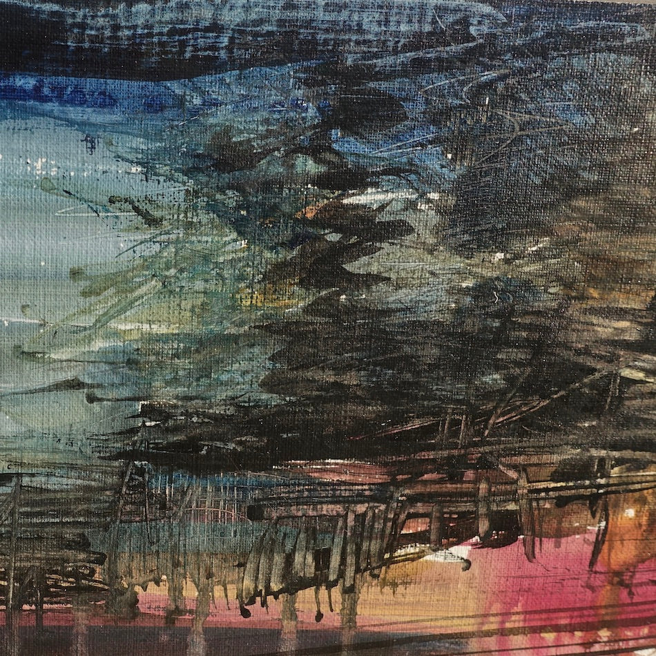 Kiama pine trees and a view to the ocean painted in an abstract style. Square view.