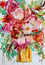 Load image into Gallery viewer, Multicoloured bunch of proteas in an amber glass vase.
