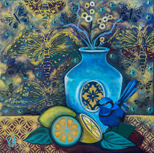 Load image into Gallery viewer, Still life in acrylic and oil. Blue and gold with a blue vase, blue bird and cut lemons and limes on a table.
