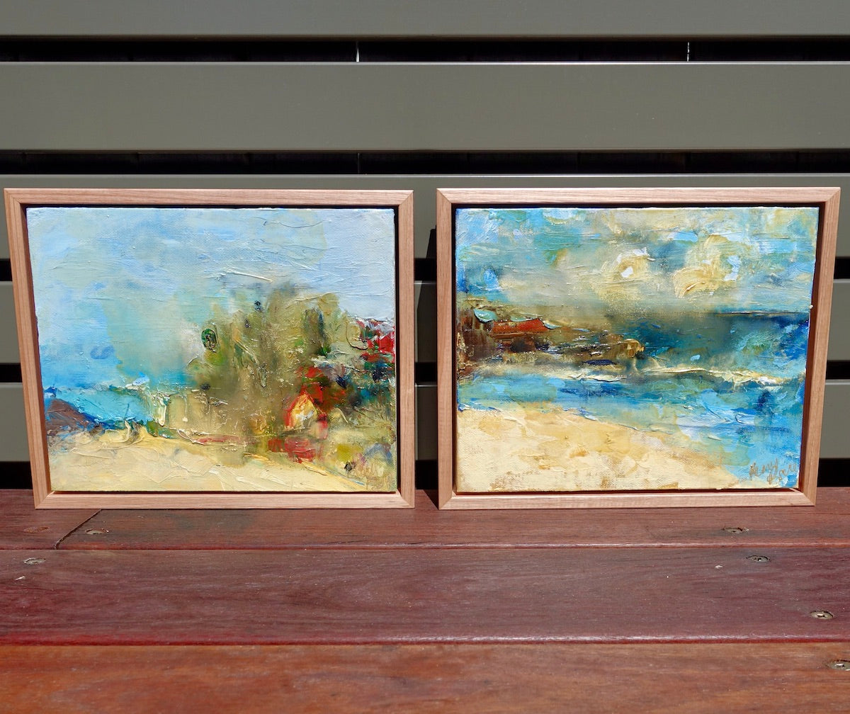 Abstract painting of Little Austinmer Beach, just north of Austinmer Beach near Wollongong NSW. Shown with Painting of South Coast Surf.