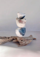 Load image into Gallery viewer, Bird totem sculpture of 3 ceramic birds sitting on driftwood. Shown in close up view.
