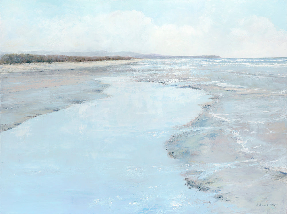 Oil painting of Gerroa, Seven Mile Beach NSW with the sea in shades of silvery blue.
