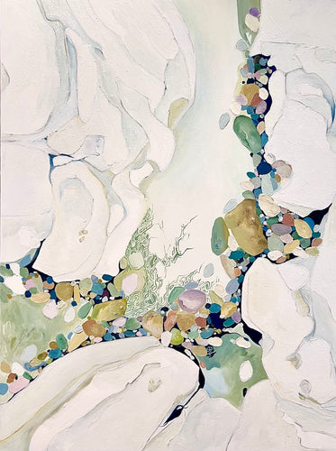 Abstract painting in shades of sea green and oyster white with small multicoloured pieces.