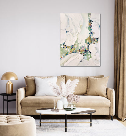 Abstract painting in shades of sea green and oyster white with small multicoloured pieces. In situ on a white wall.