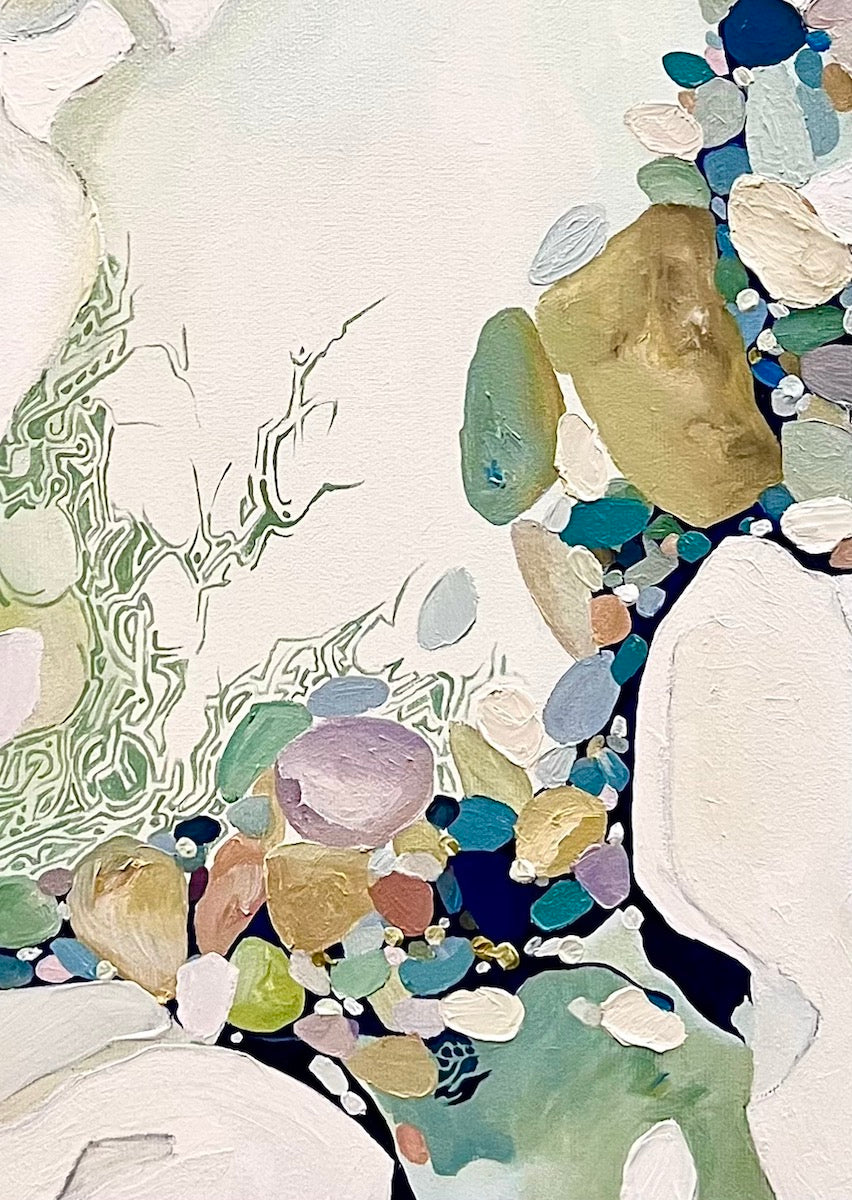 Abstract painting in shades of sea green and oyster white with small multicoloured pieces. Detail view.