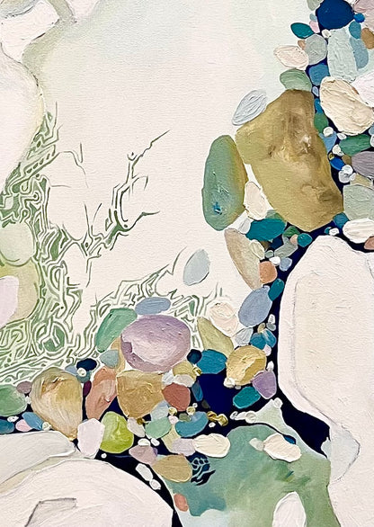 Abstract painting in shades of sea green and oyster white with small multicoloured pieces. Detail view.