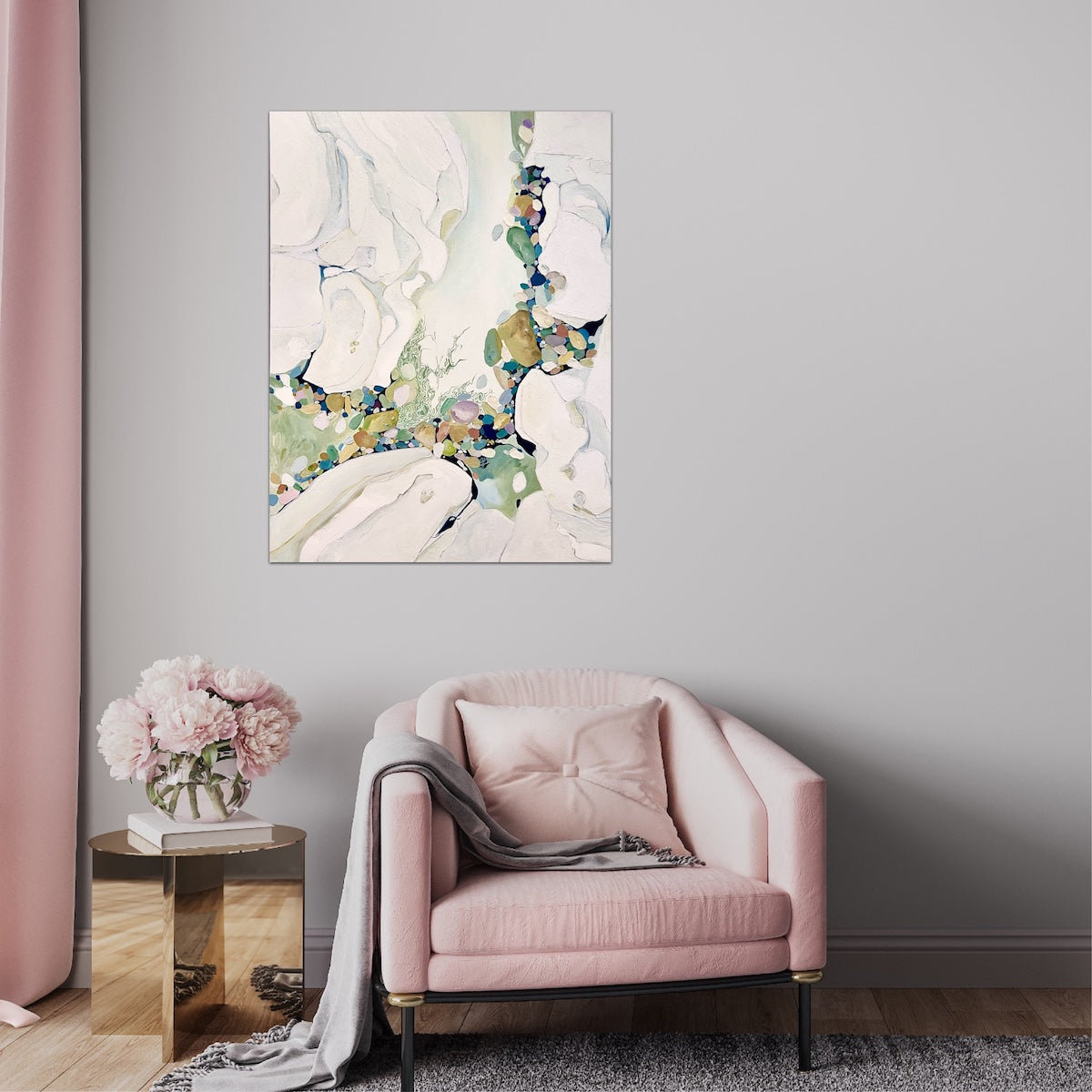 Abstract painting in shades of sea green and oyster white with small multicoloured pieces. In situ on a pale grey wall.