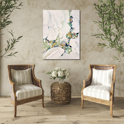 Abstract painting in shades of sea green and oyster white with small multicoloured pieces. In situ on a sitting room wall.