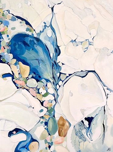 Abstract painting in shades of blue and white with small multicoloured pieces.