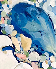 Load image into Gallery viewer, Abstract painting in shades of blue and white with small multicoloured pieces. Detail view.
