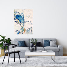 Load image into Gallery viewer, Abstract painting in shades of blue and white with small multicoloured pieces. In situ on a wall above a sofa.
