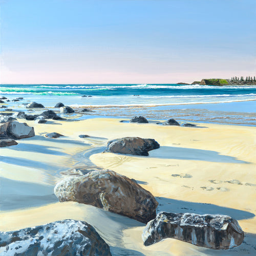 This corner of Werri beach has a mesmerizing view south, and unusual rock formations exposed at low tide. The play between surf flowing in and the tide going out of the lagoon gives a dynamic feel to the scene. I loved creating a high horizon line and detail in the rock, along with the morning light shadow and flash.