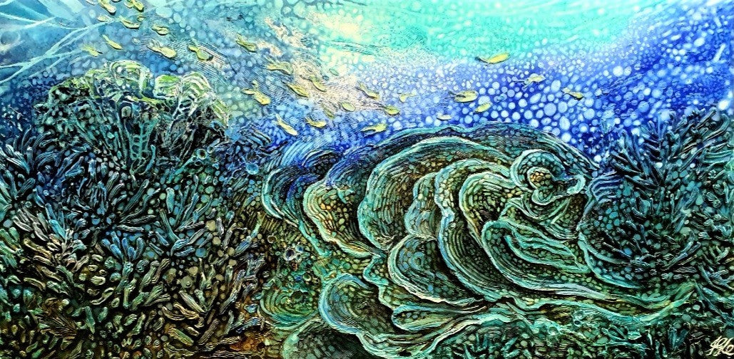 An original artwork of reefs in stunning shades of blue, aqua and turquoise was inspired by the artist when exploring the reefs locally and when travelling and witnessing another world of delicate ecosystems, and the dances of the many fish and sea life within.