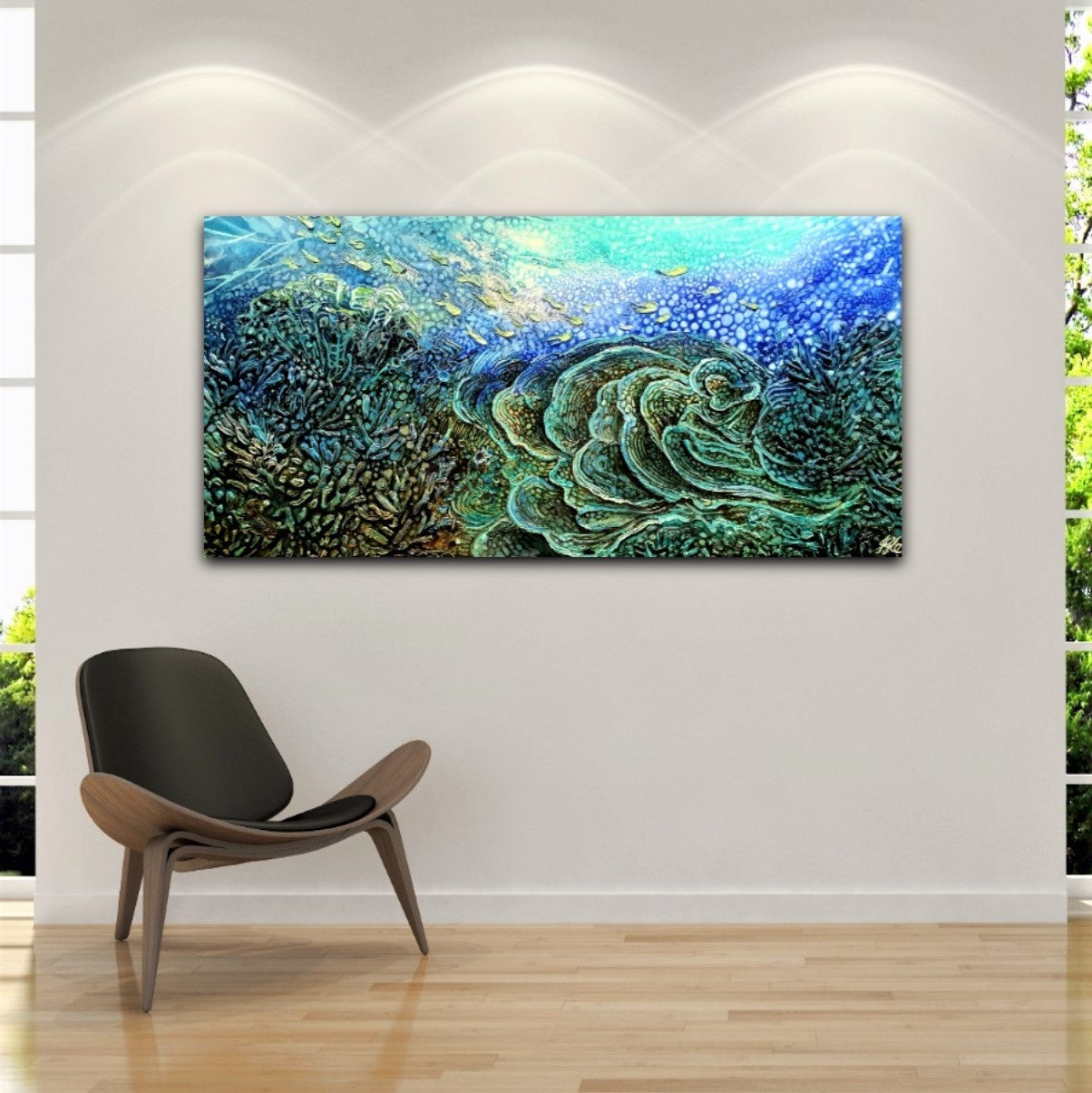 Oil painting of underwater reefs. Shown in situ in a sitting room.