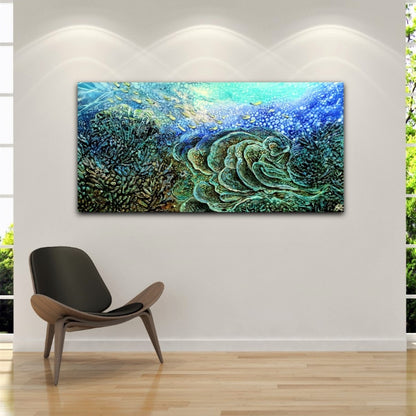 Oil painting of underwater reefs. Shown in situ in a sitting room.