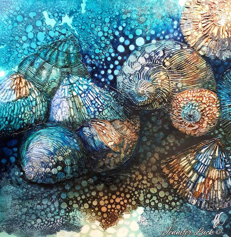 Rockpool shells in shades of turquoise, aqua and ochre.