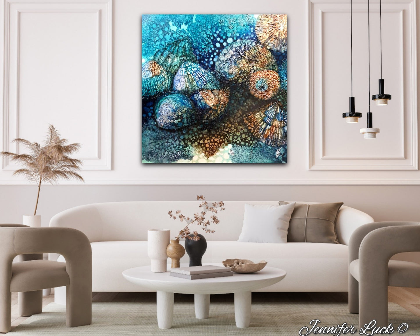 Rockpool shells in shades of turquoise, aqua and ochre. Shown in situ on a living room wall.