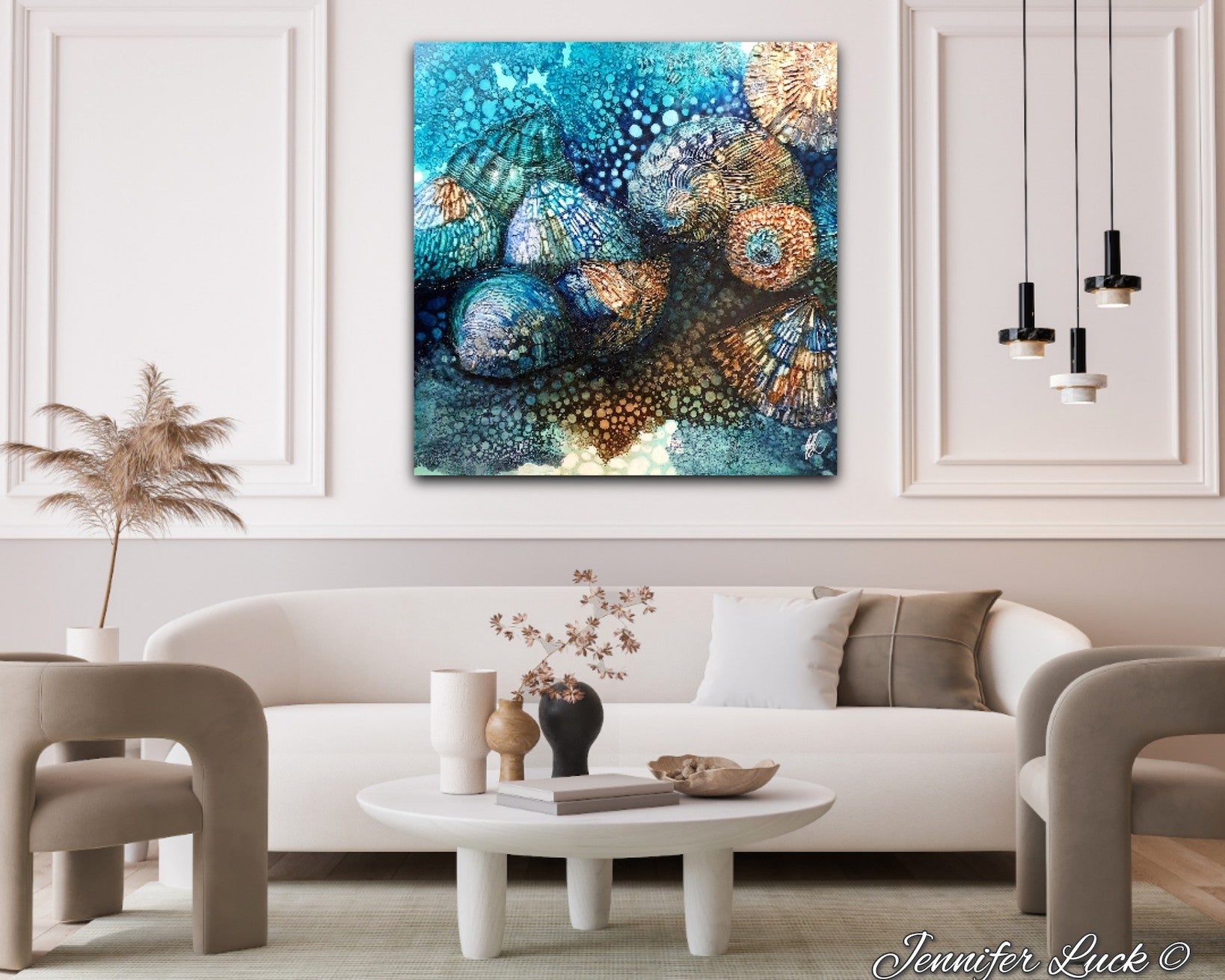 Rockpool shells in shades of turquoise, aqua and ochre. Shown in situ on a living room wall.