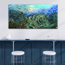 Load image into Gallery viewer, painting of underwater reefs shown in situ in a dining room.
