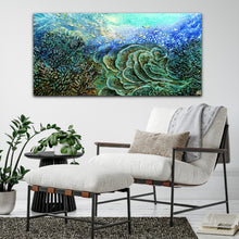 Load image into Gallery viewer, Large oil painting of an underwater reef shown in situ on a white wall in a sitting room.

