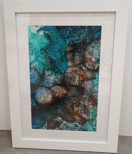 Underwater rocks in shades of blue, aqua and turquoise. Limited edition print.