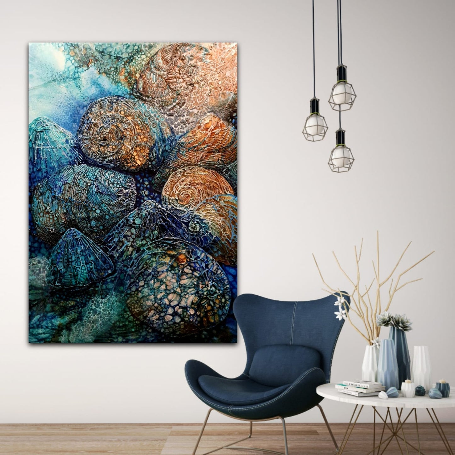 Moonlight shining underwater on periwinkles and rocks, painted in shades of blue, aqua, turquoise and ochre. in situ on a sitting room wal.