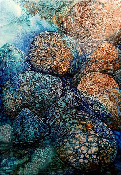 Moonlight shining underwater on periwinkles and rocks, painted in shades of blue, aqua, turquoise and ochre.