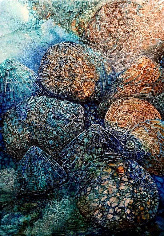 Moonlight shining underwater on periwinkles and rocks, painted in shades of blue, aqua, turquoise and ochre.