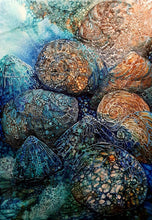 Load image into Gallery viewer, Moonlight shining underwater on periwinkles and rocks, painted in shades of blue, aqua, turquoise and ochre.
