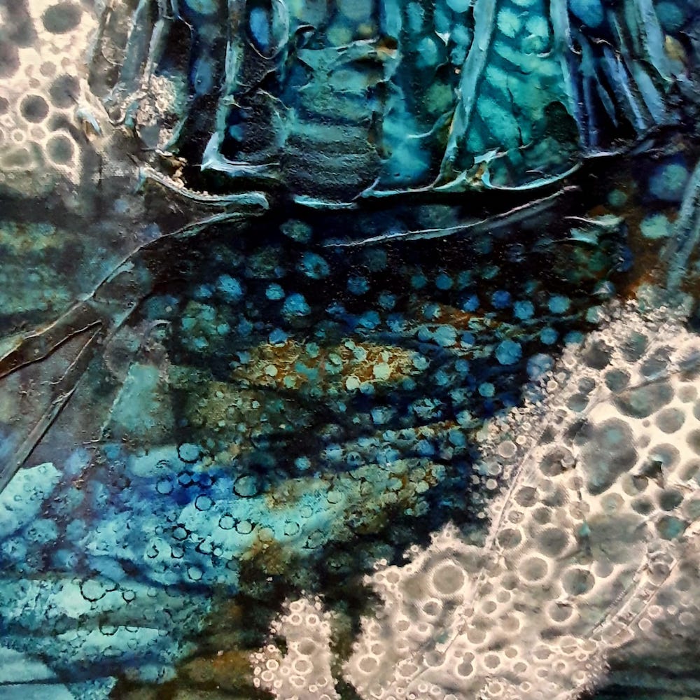 Moonlight shining underwater on periwinkles and rocks, painted in shades of blue, aqua, turquoise and ochre. Detail view.