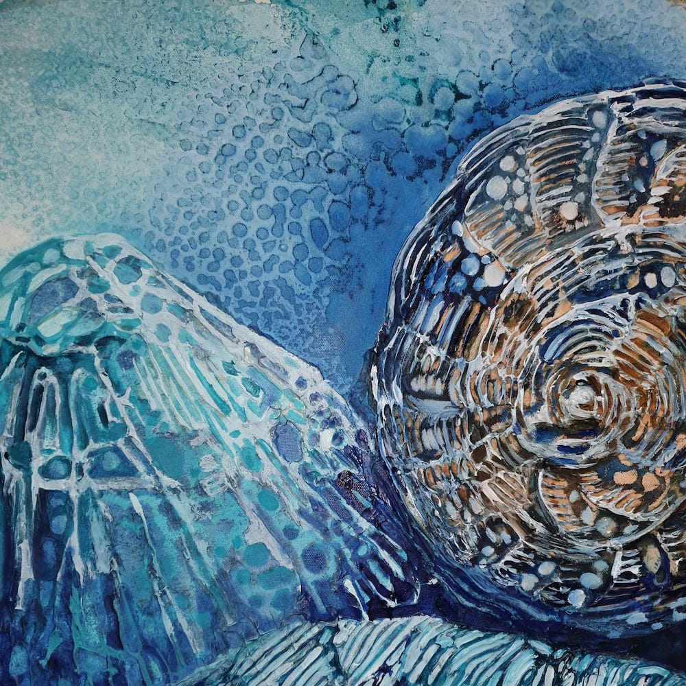 Moonlight shining underwater on periwinkles and rocks, painted in shades of blue, aqua, turquoise and ochre. Detail view 2.