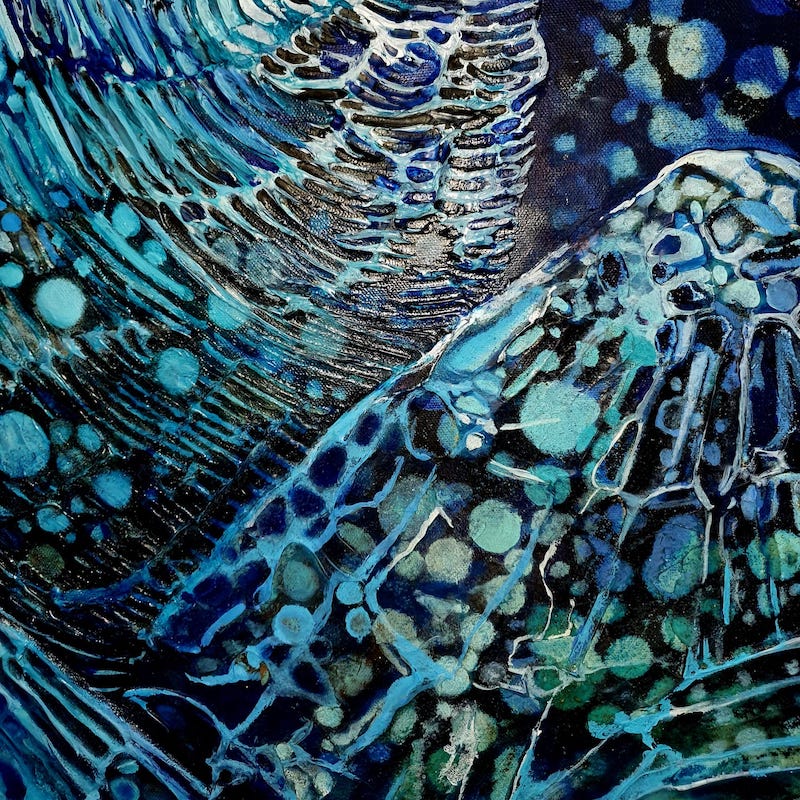 Moonlight shining underwater on periwinkles and rocks, painted in shades of blue, aqua, turquoise and ochre. Detail view 3.