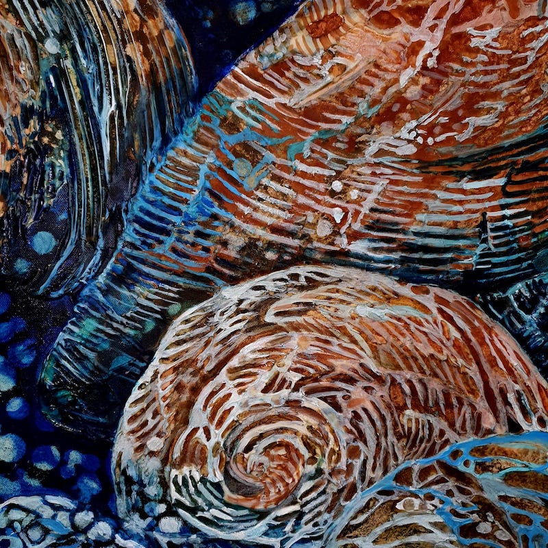 Moonlight shining underwater on periwinkles and rocks, painted in shades of blue, aqua, turquoise and ochre. Detail view 4.