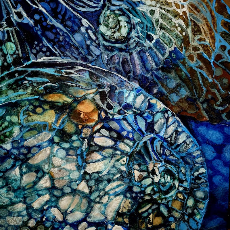 Moonlight shining underwater on periwinkles and rocks, painted in shades of blue, aqua, turquoise and ochre. Detail view 5.