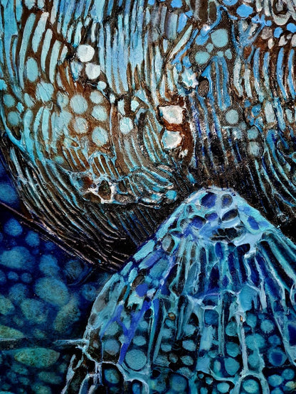 Moonlight shining underwater on periwinkles and rocks, painted in shades of blue, aqua, turquoise and ochre. Detail view 9.