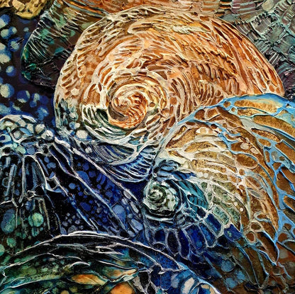 Moonlight shining underwater on periwinkles and rocks, painted in shades of blue, aqua, turquoise and ochre. Detail view 7.