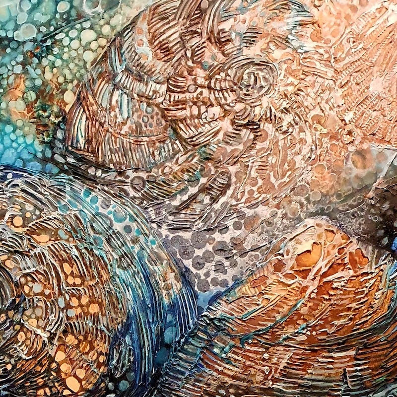 Moonlight shining underwater on periwinkles and rocks, painted in shades of blue, aqua, turquoise and ochre. Detail view 8.