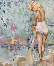 Load image into Gallery viewer, Marilyn Monroe inspired painting showing Marilyn in a contemporary beach setting, holding a towel at the waters edge, against a backdrop of soft tones of aqua, blue, pink, gold.
