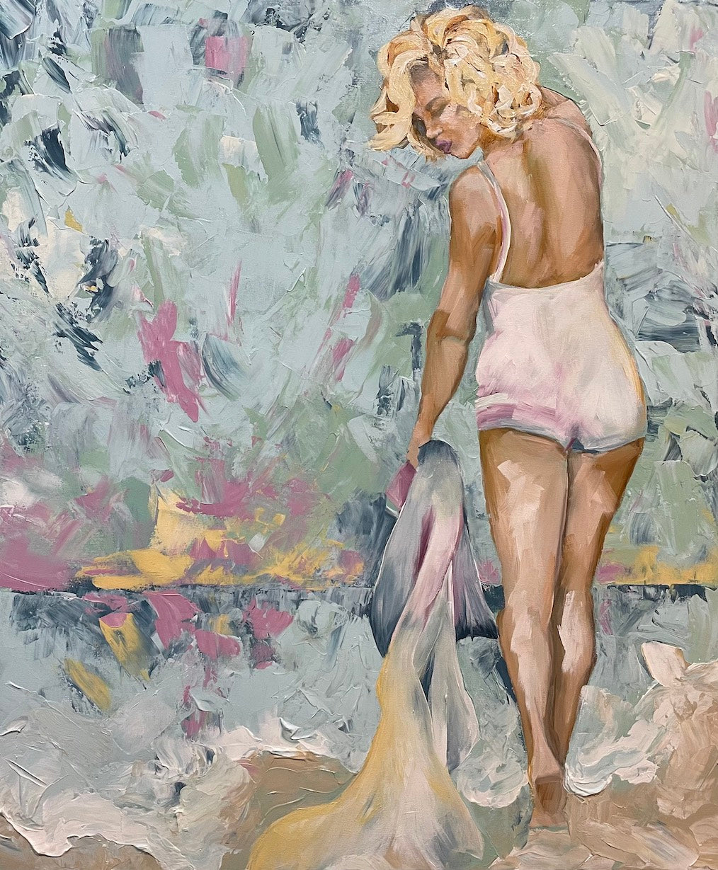 Marilyn Monroe inspired painting showing Marilyn in a contemporary beach setting, holding a towel at the waters edge, against a backdrop of soft tones of aqua, blue, pink, gold.