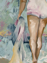 Load image into Gallery viewer, Marilyn Monroe inspired painting showing Marilyn in a contemporary beach setting, holding a towel at the waters edge, against a backdrop of soft tones of aqua, blue, pink, gold. Close up view.
