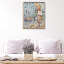Load image into Gallery viewer, Marilyn Monroe inspired painting showing Marilyn in a contemporary beach setting, holding a towel at the waters edge, against a backdrop of soft tones of aqua, blue, pink, gold. Shown on a white wall.
