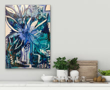 Load image into Gallery viewer, An abstract painting of blooms in varying shades of blue, turquoise and cream. In situ above a shelf.
