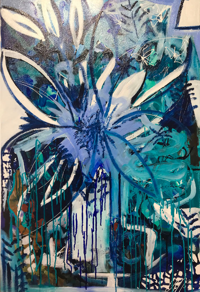 An abstract painting of blooms in varying shades of blue, turquoise and cream.
