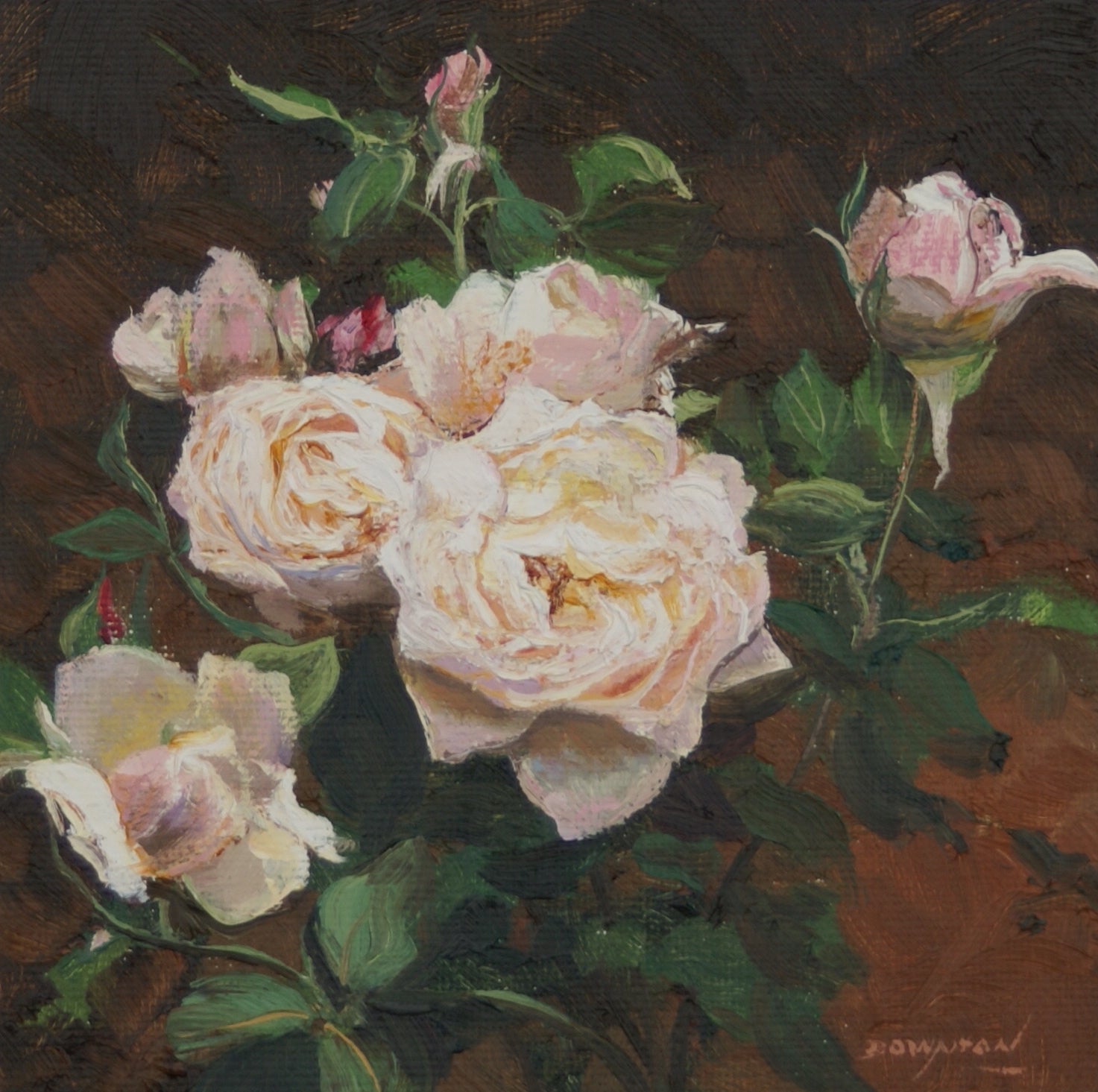 Oil painting of beautiful pale pink roses from "Meribee" property at Numbaa on the Shoalhaven River on the NSW South Coast.