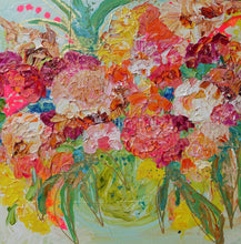 Load image into Gallery viewer, Pink, cream and yellow blooms in a green vase against a pale green background
