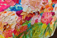 Load image into Gallery viewer, Pink, cream and yellow blooms in a green vase against a pale green background. Detail view.
