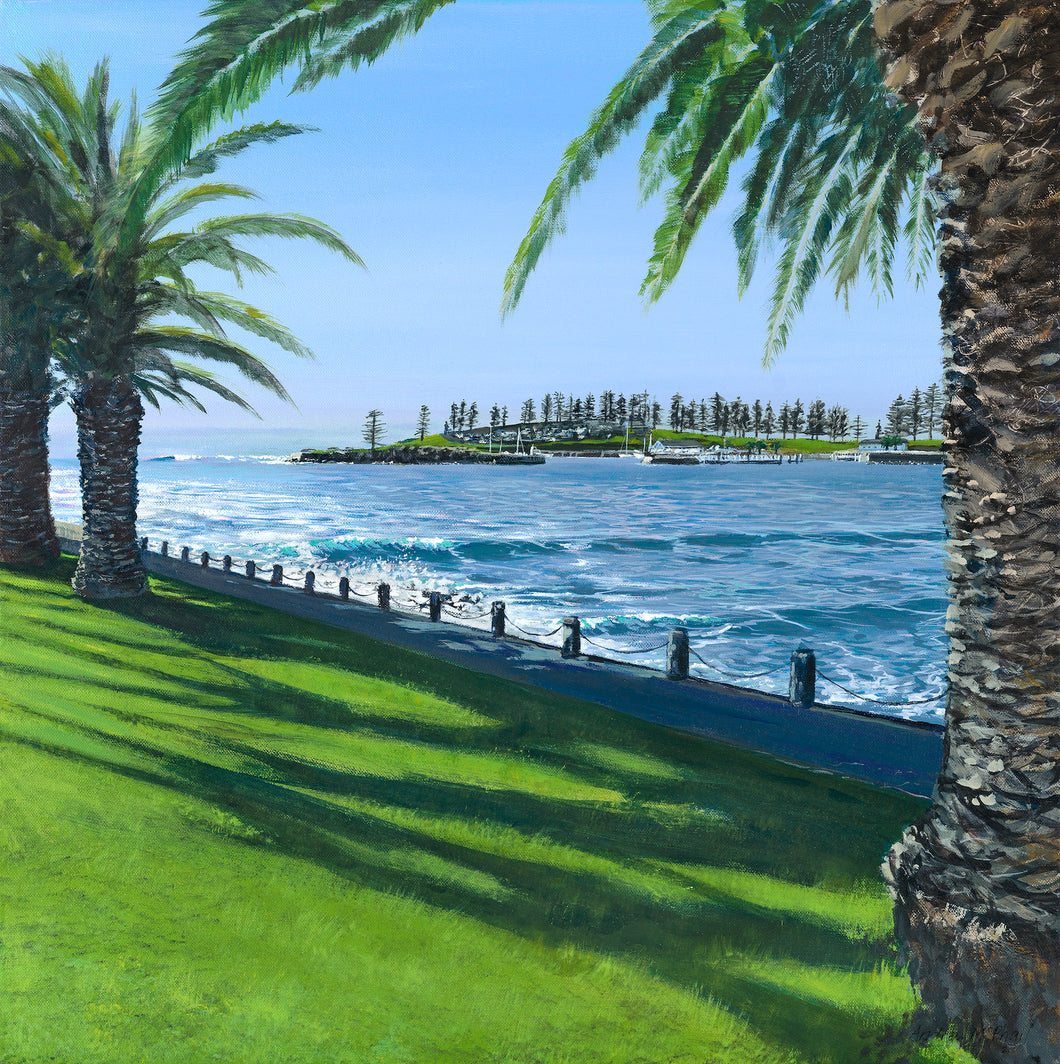 Black Beach in Kiama looks south to the harbour and Blowhole Point.  The palms frame this shimmering view on a fantastic day. The interplay  between shadow and light really sets this painting apart.