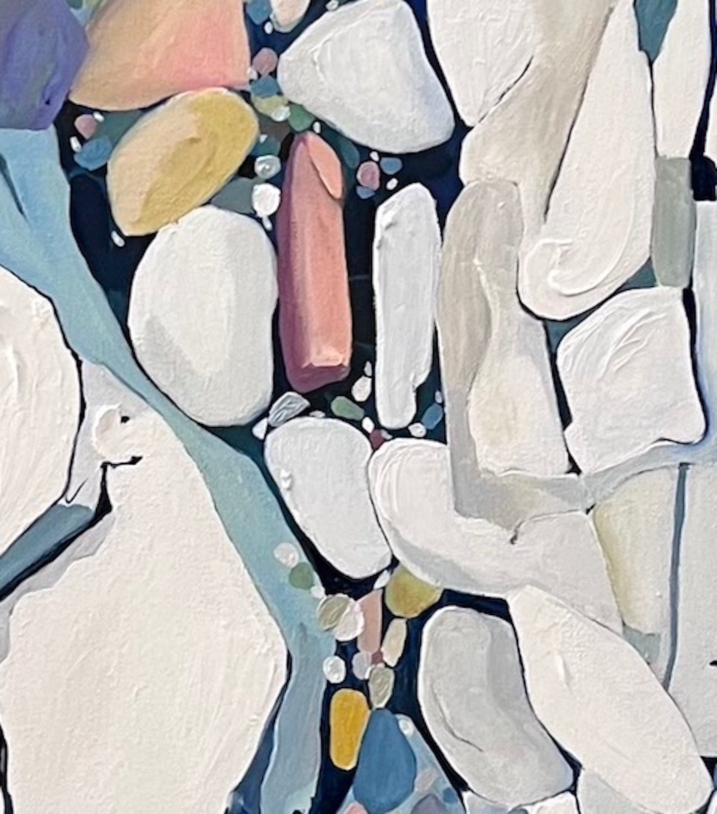 Abstract painting in shades of blue, white, turquoise, pink and yellow. Detail view.